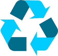 Genanvendelsessymbol i blåt med tre pile i trekantform, symbol for bæredygtig cirkulær økonomi.