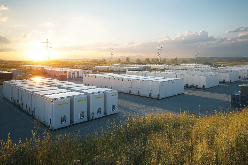 Et stort batterilagringssystem med solnedgangen i baggrunden.