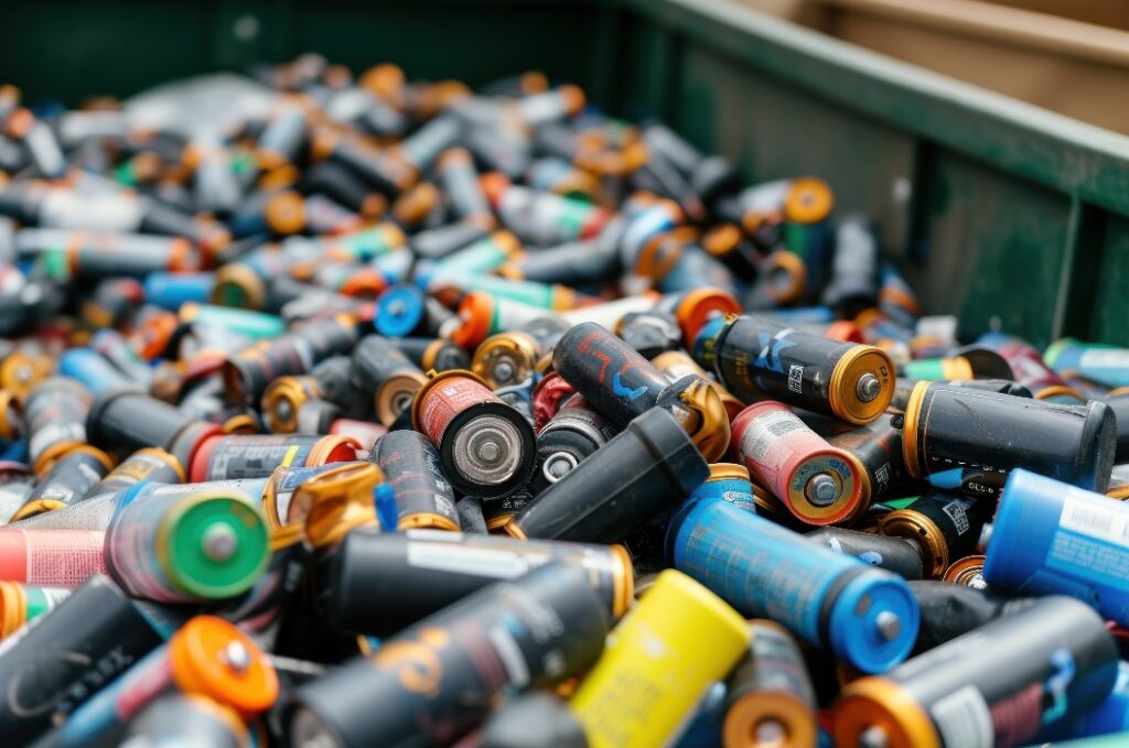 „Brugte husholdningsbatterier, der er indsamlet i en genbrugsbeholder – understreger vigtigheden af korrekt bortskaffelse af batterier.