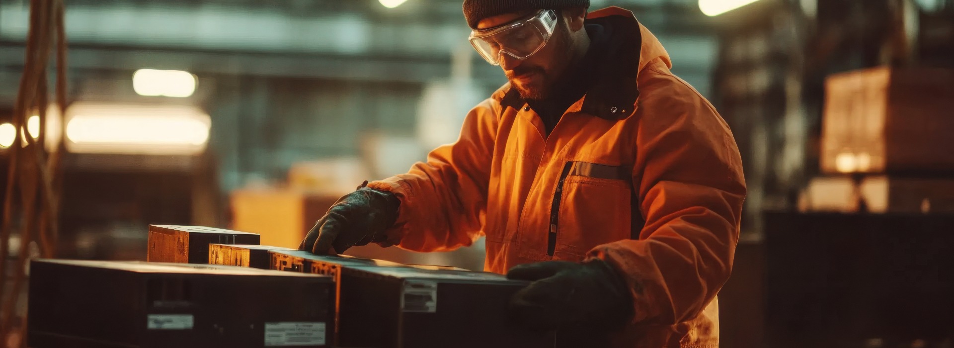 En medarbejder i orange sikkerhedsjakke, der håndterer lithium-ion-batterier med stor omhu i et lager – et eksempel på sikkerhed og omhyggelighed