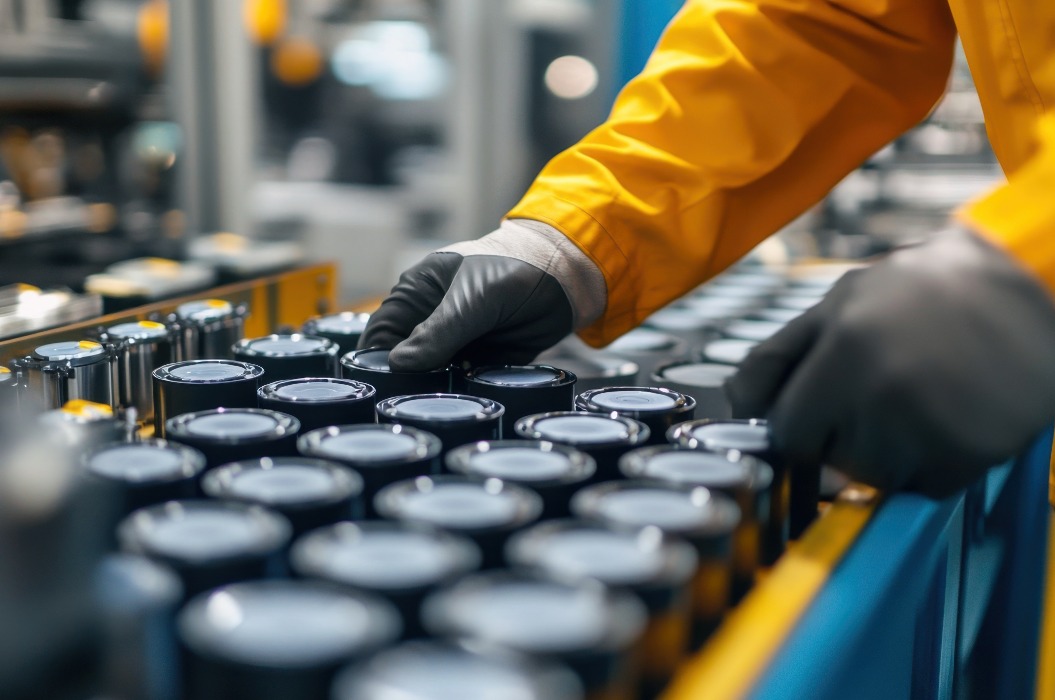 Lithiumbatteri, fabriksarbejdere, der håndterer cylindriske komponenter i produktionsprocessen