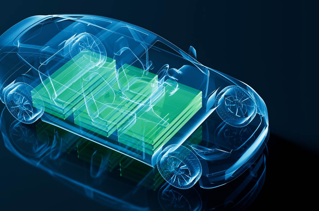 Gennemsigtig model af køretøjet med synlige grønne lithium-ion-batterier.