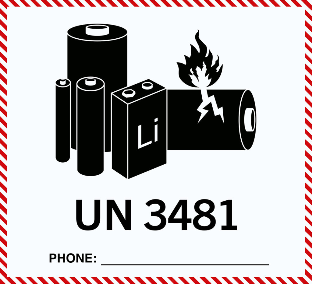 Sorte batterier med flamme- og lynsymbol ved siden af teksten UN 3481 på hvid baggrund